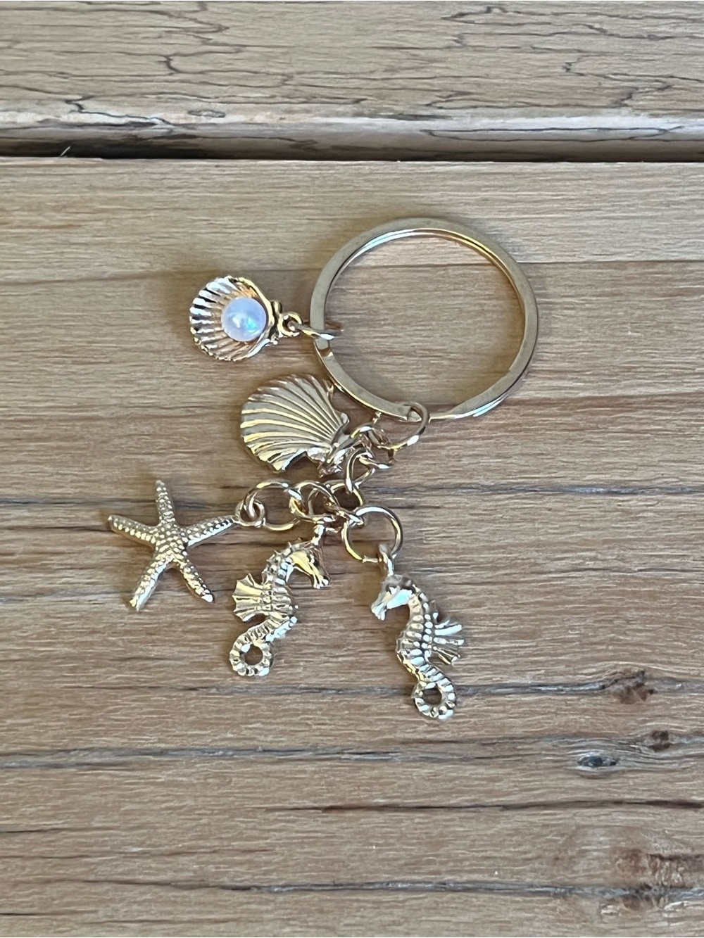 Gold Beach Charm Keychain with Starfish & Seahorses